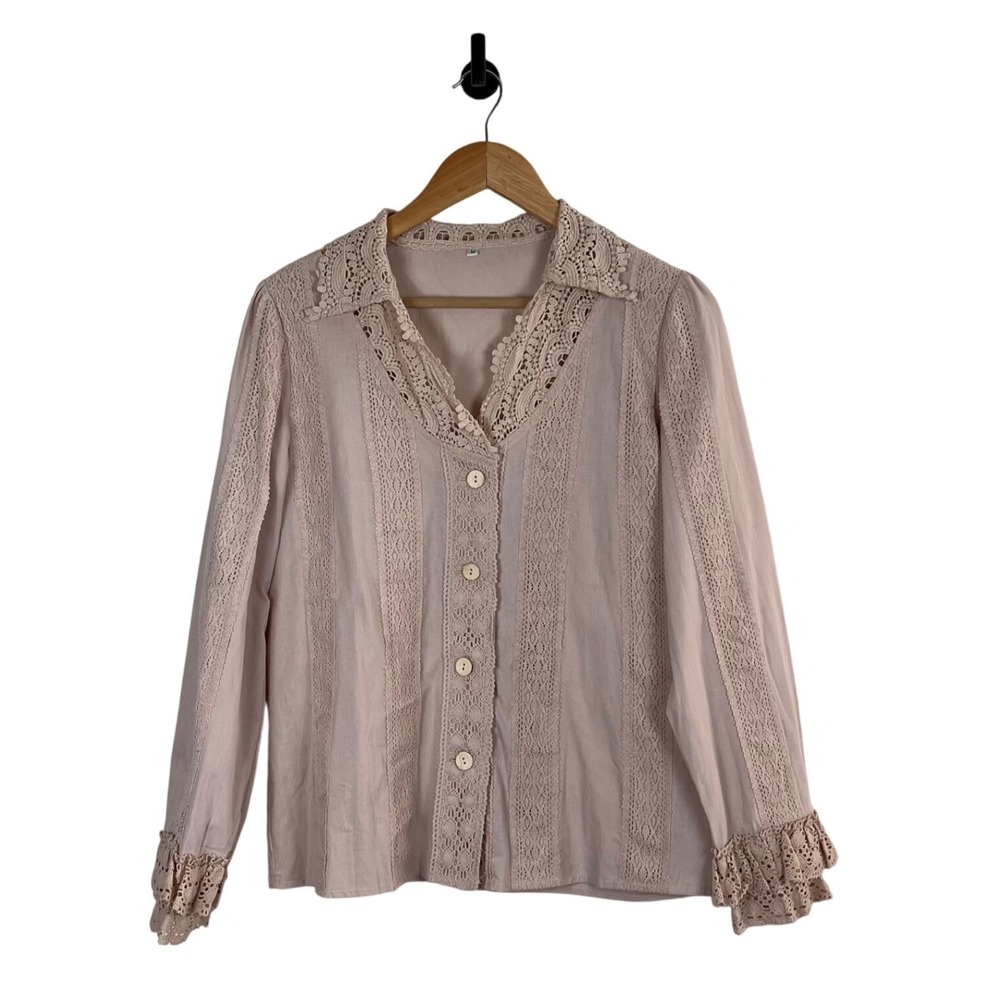 Vintage Style Lace Crochet Button Blouse DustyPink Ruffle Romantic Top M Prairie